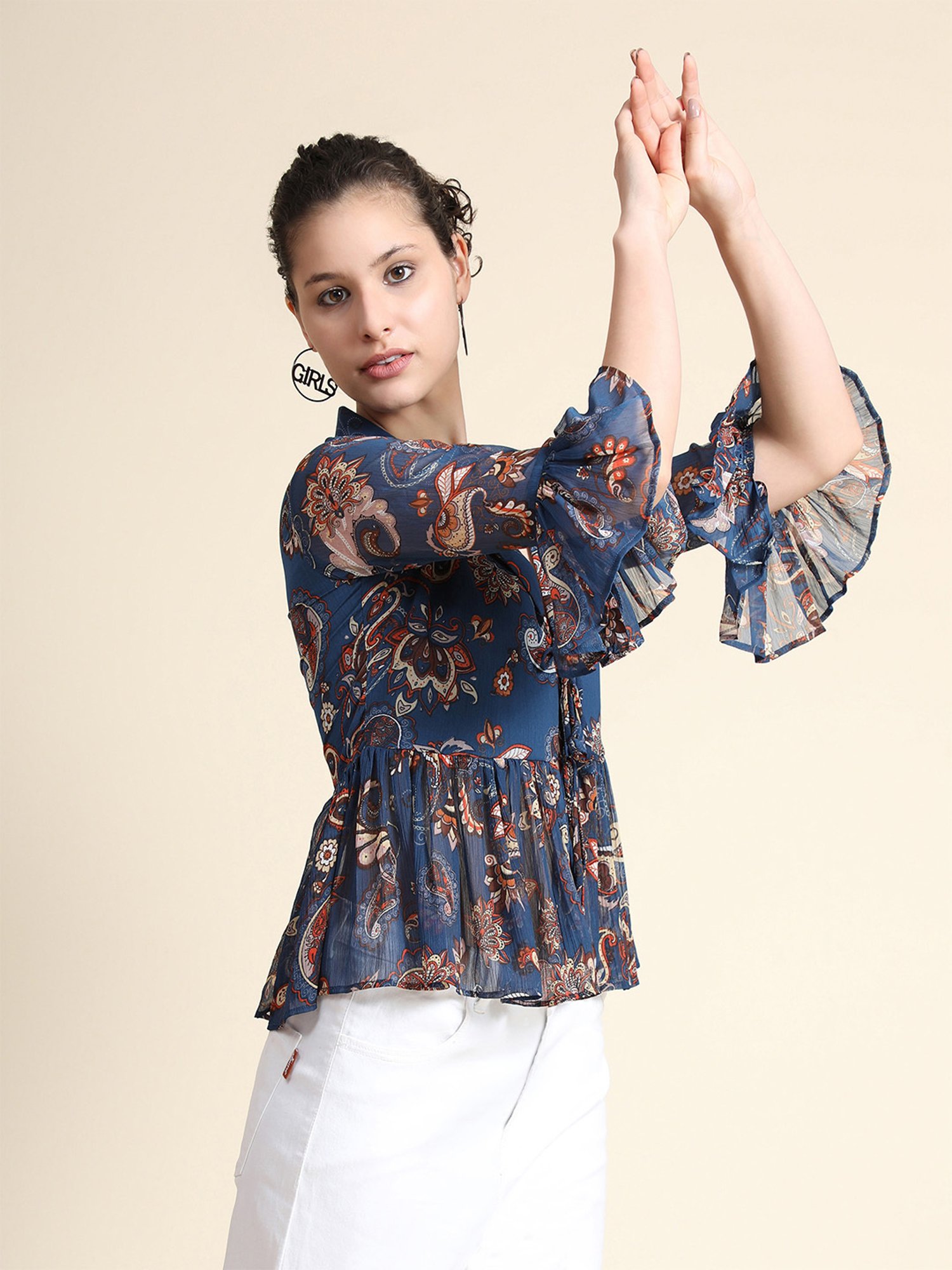 KERI PERRY Navy Printed Top