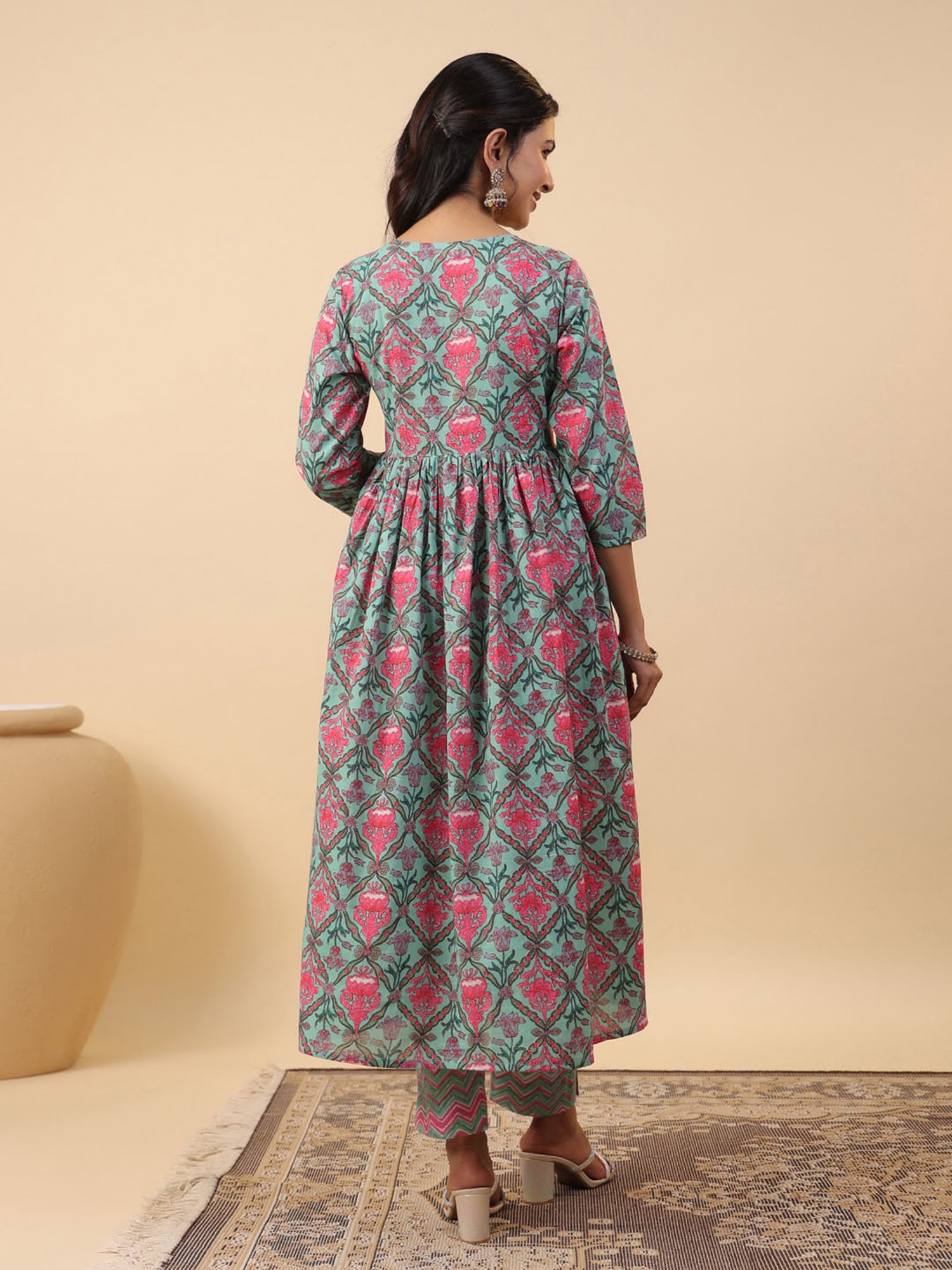 Janasya Aqua Cotton Kurta With Pants