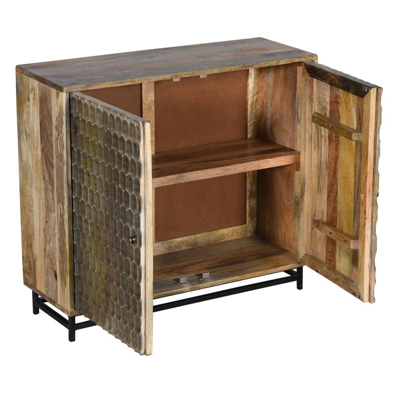 32" Rustic Style Wooden Storage Cabinet with 2 Doors and Engraved Honeycomb Front Brown - The Urban Port