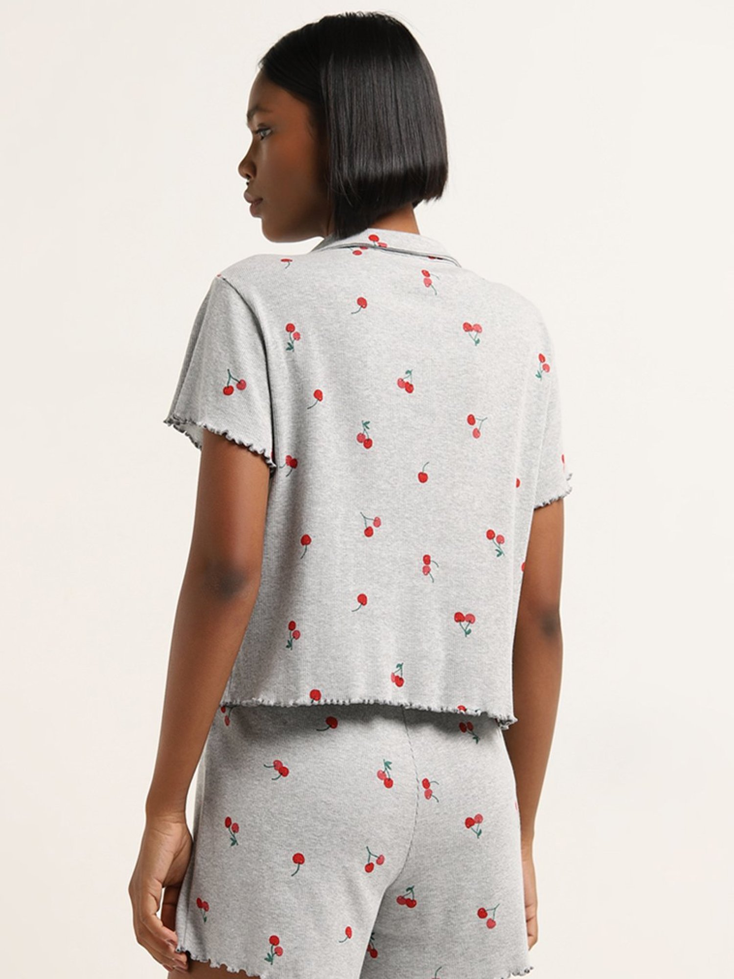 Superstar by Westside Grey Cherry Print Ribbed Cotton Blend Shirt