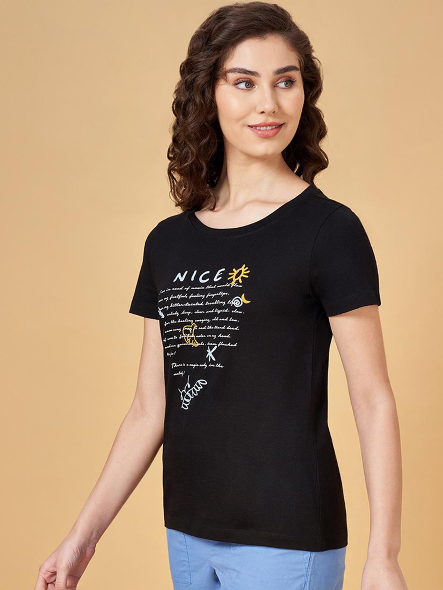 Honey by Pantaloons Black Cotton Printed T-Shirt