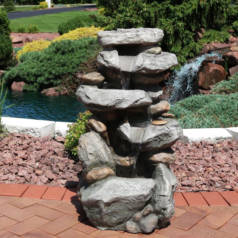 34"H Polystone Rock Falls Outdoor Fountain with LED Lights - Sunnydaze Decor