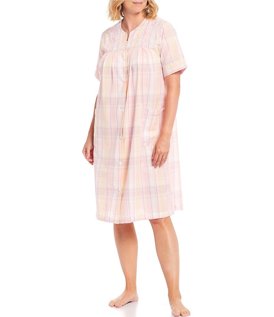 Miss Elaine Plaid Print Sateen Grip-Front Short Robe