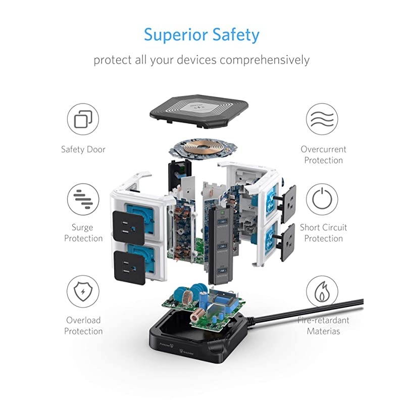 1500 Joules Surge Protector with Wireless Charger 8Outlet Power Strip Tower with 40W 6Port USB Charging Station6 Feet Extension CordETL Listed