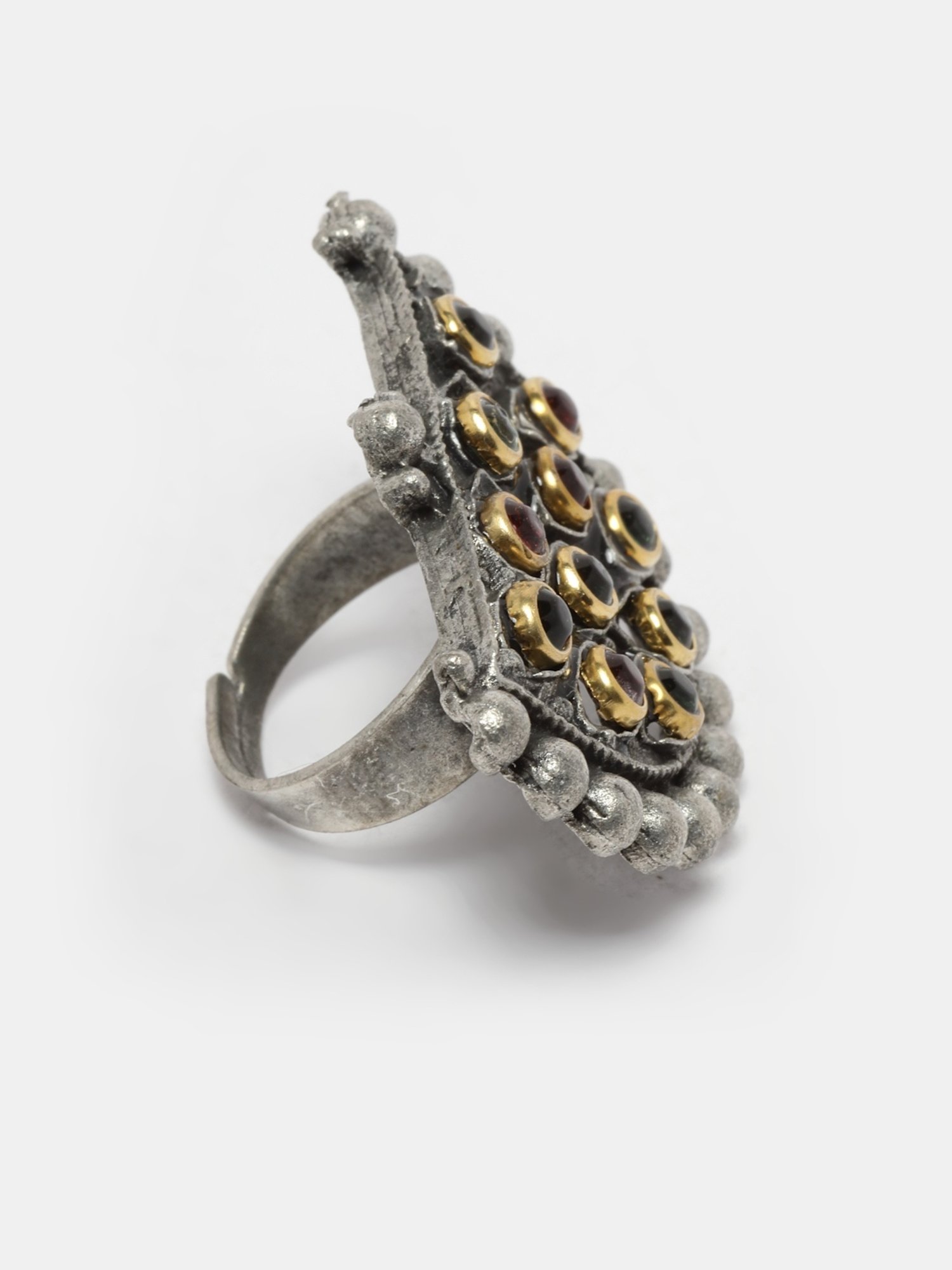 Moedbuille Handcrafted Crystals Studded Antique Tribal Design Oxidised Silver Plated Finger Ring