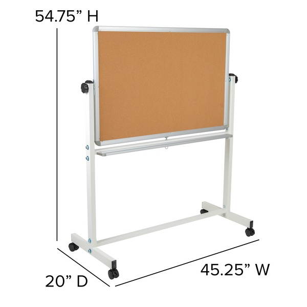 HERCULES Series 45.25"W x 54.75"H Reversible Mobile Cork Bulletin Board and White Board with Pen Tray