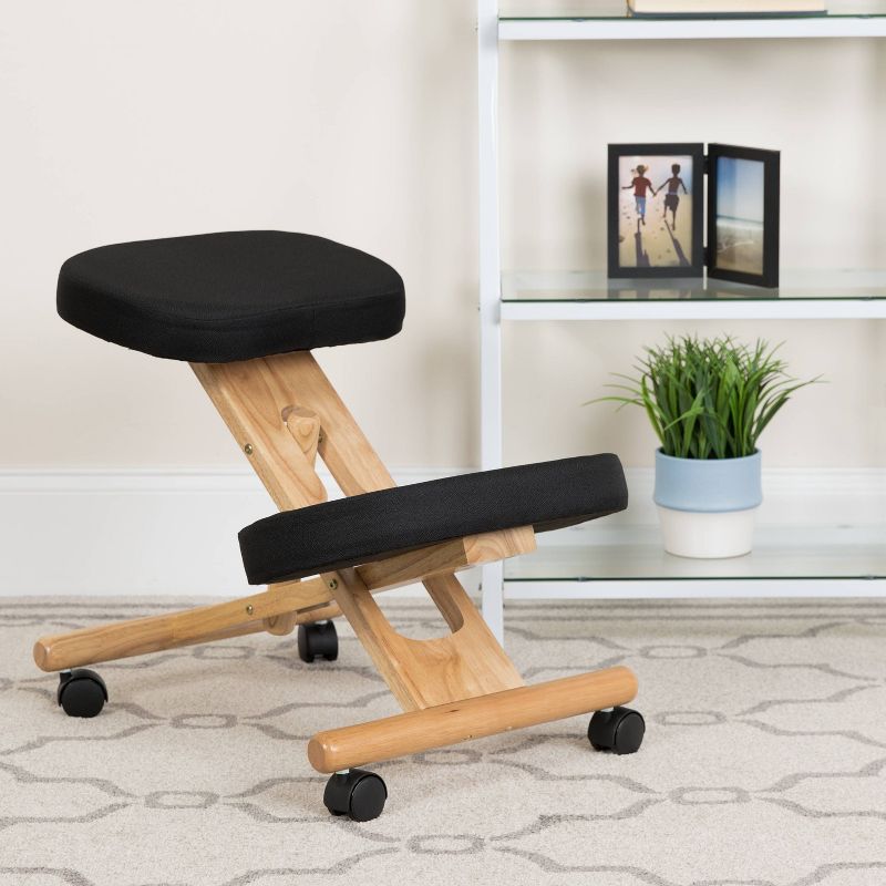 Mobile Wooden Ergonomic Kneeling Chair in Black Fabric - Belnick