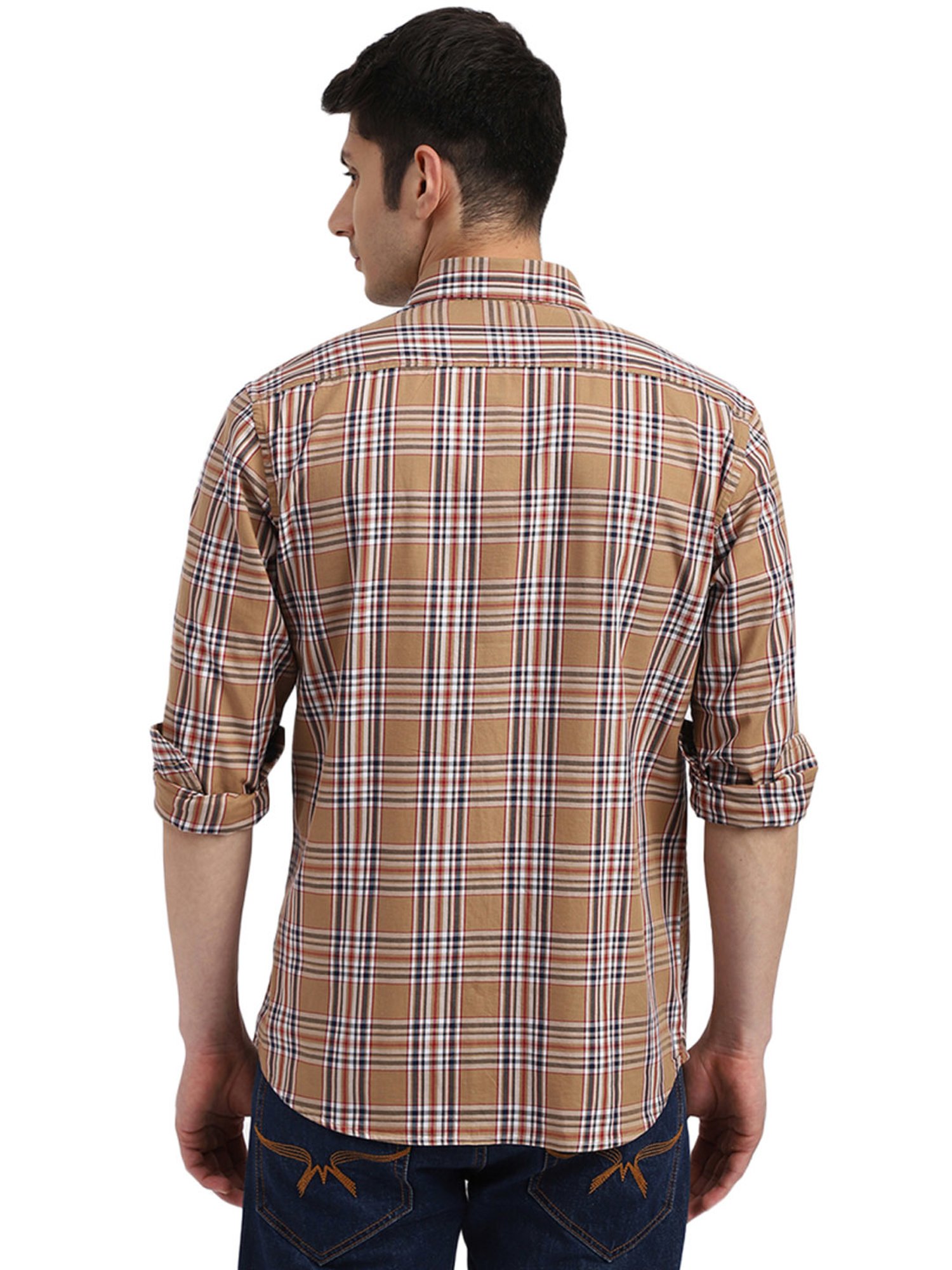 Arrow Light Brown Cotton Slim Fit Checks Shirt