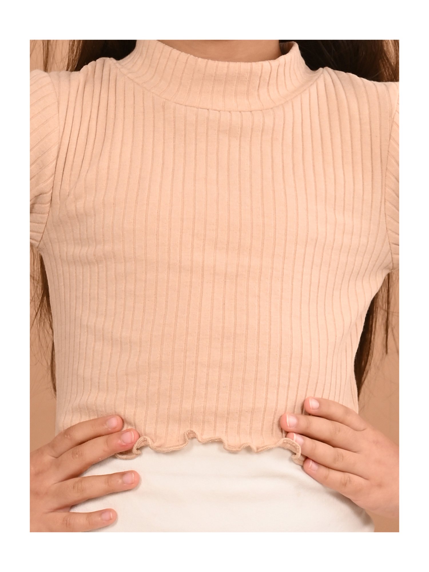 LilPicks Kids Beige Solid Full Sleeves Crop Top