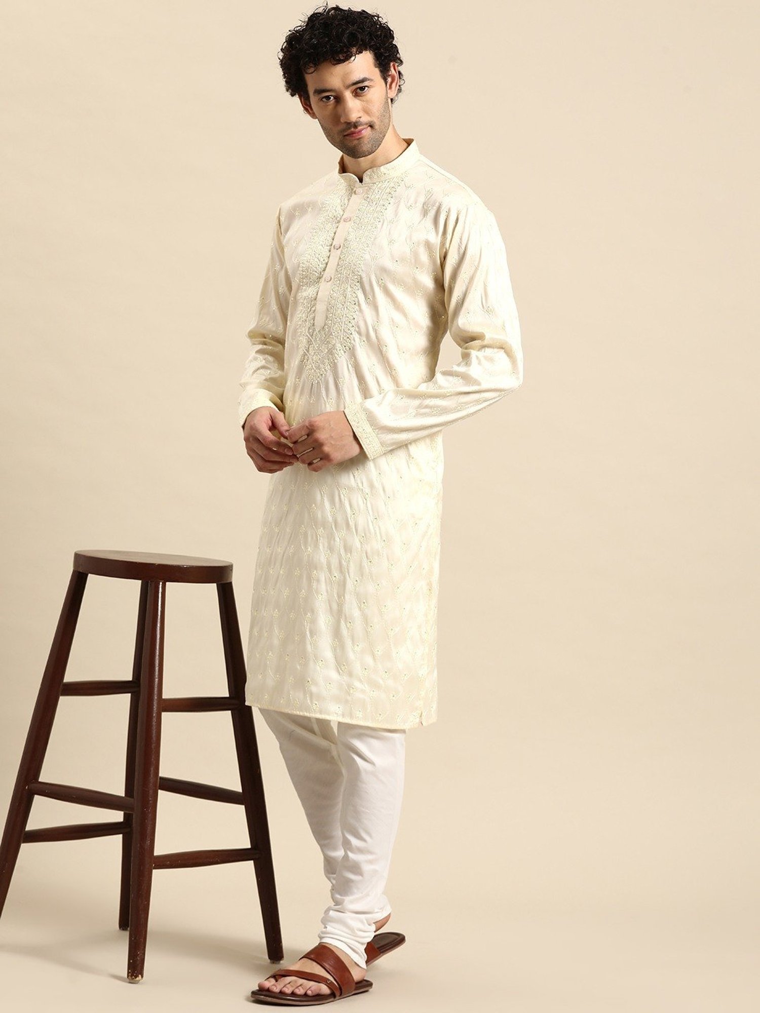 ManQ Cream Regular Fit Embroidered Kurta
