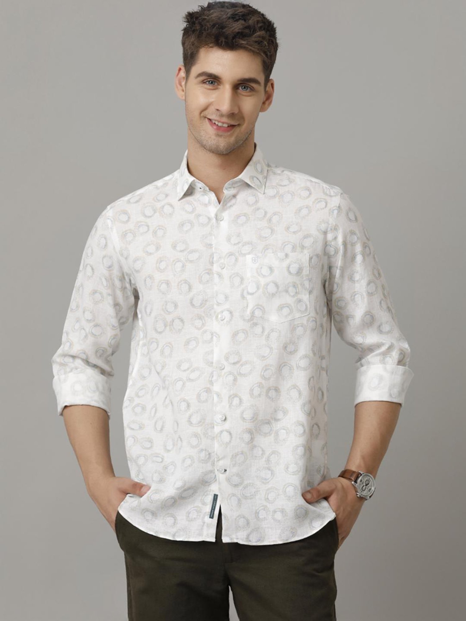 Linen Club Blue Linen Contemporary Fit Printed Shirt