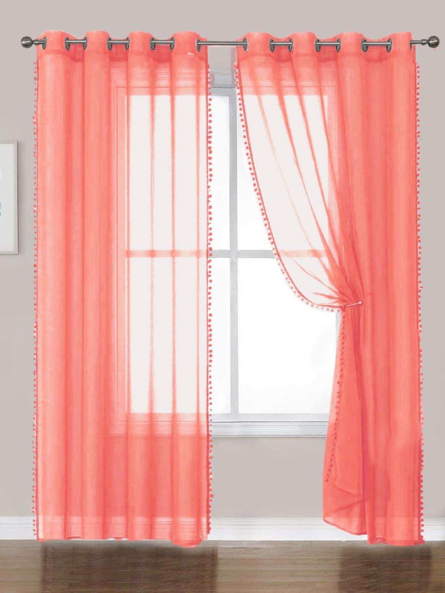 Urban Space Peach Cotton Pom Pom Sheer Door Curtain - Set of 2