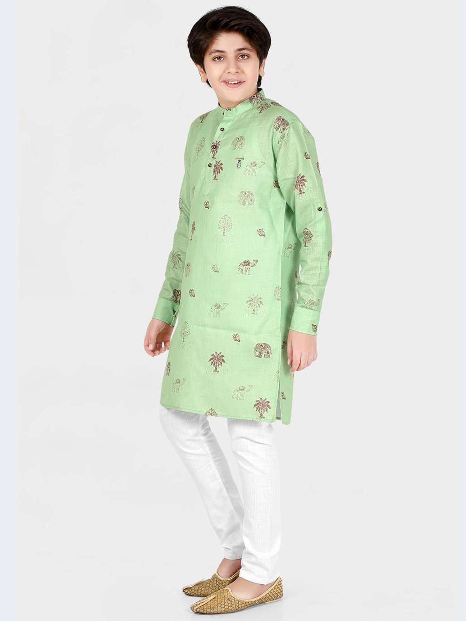 Cavio Kids Green & White Cotton Printed Full Sleeves Kurta Set
