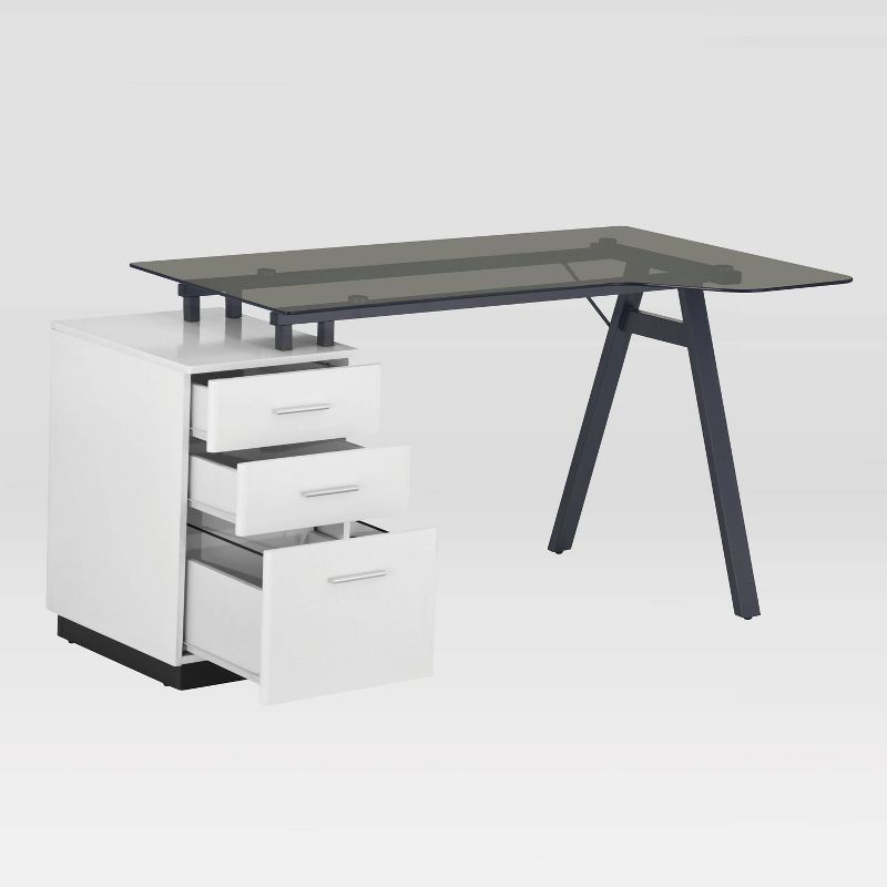 Modern Home Office Computer Desk with Smoke Tempered Glass Top & Storage White - Techni Mobili