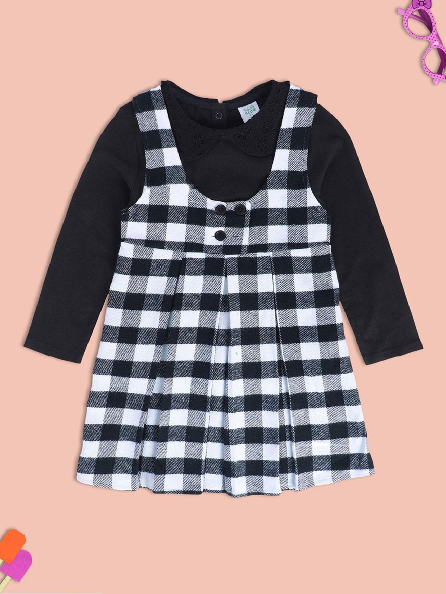 MINIKLUB Kids Black & White Checks Full Sleeves Top with Pinafore Dress