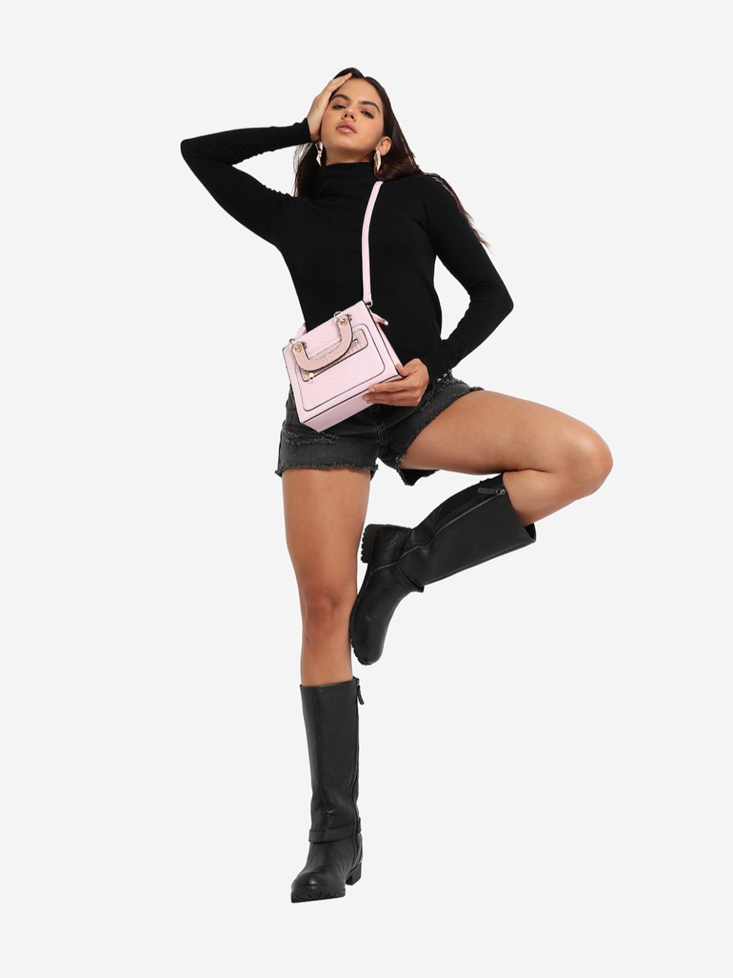 HauteSauce Light Pink Croc Textured Medium Leather Handheld Handbag