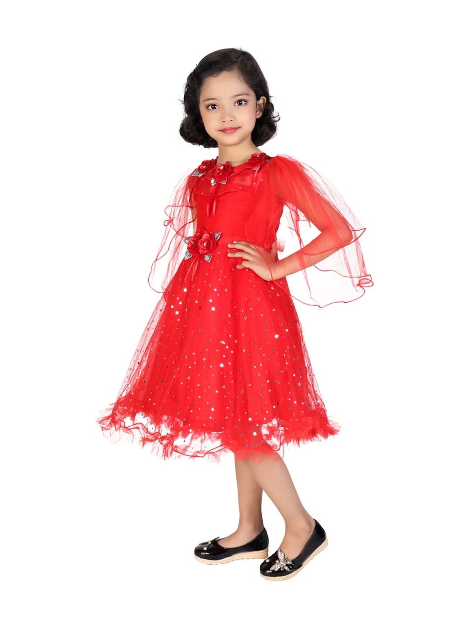 Ahhaaaa Kids Red Cotton Sequence Dress