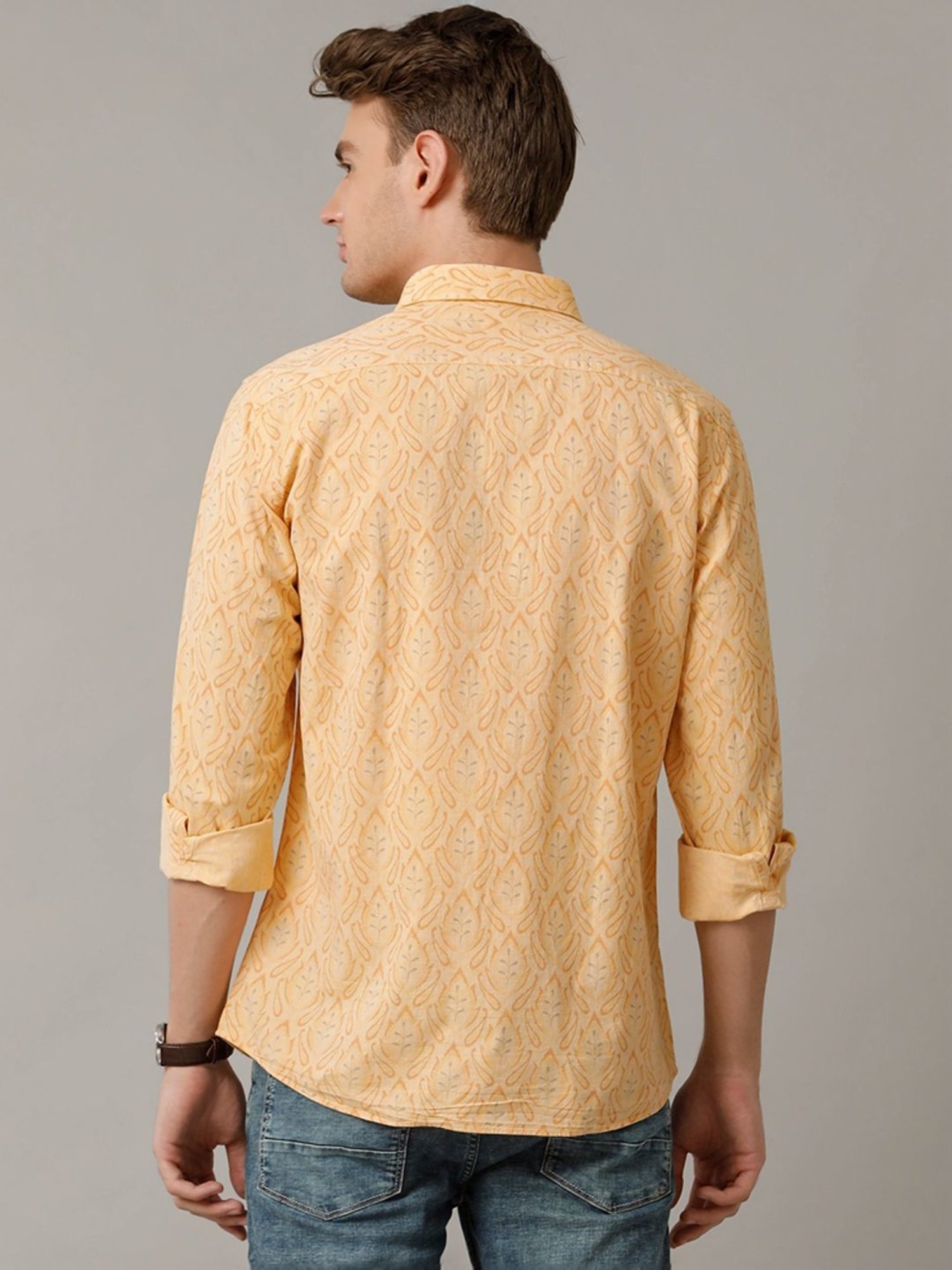 Cavallo By Linen Club Orange Linen Contemporary Fit Printed Shirt
