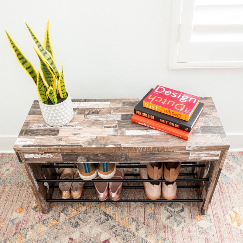 Industrial Shoe Bench with Metal Storage Racks Distressed Wood - Danya B.