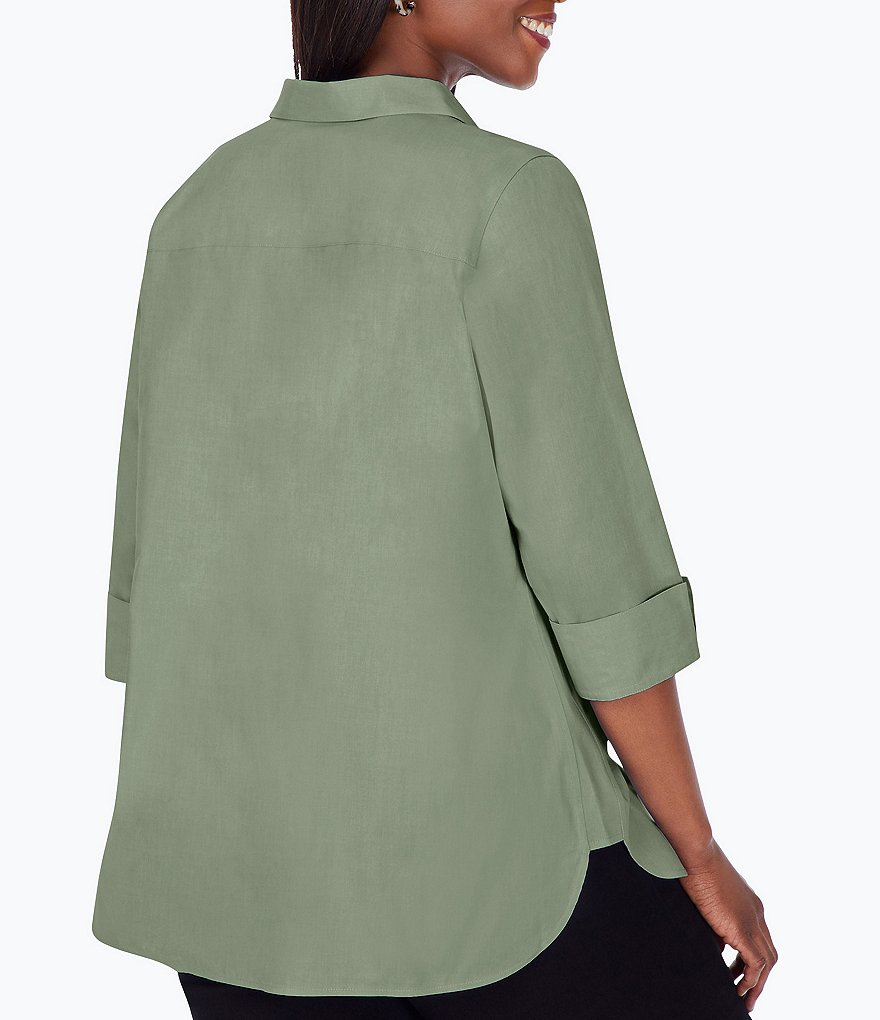 Foxcroft Plus Size Pandora 3/4 Sleeve Spread Point Collar Neck Button Front Shaped Tunic