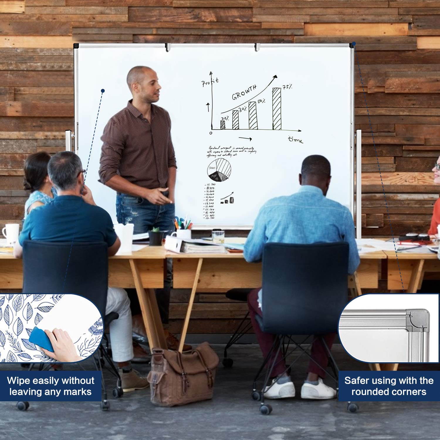 Mobile Whiteboard, 48 x 32 Inches Double Sided Dry Erase Board with Stand Magnetic White Board Easel Stand Board on Wheels with 6 Magnets, 3 Markers, 1 Magnetic Dry Eraser for Home, Office, Teaching