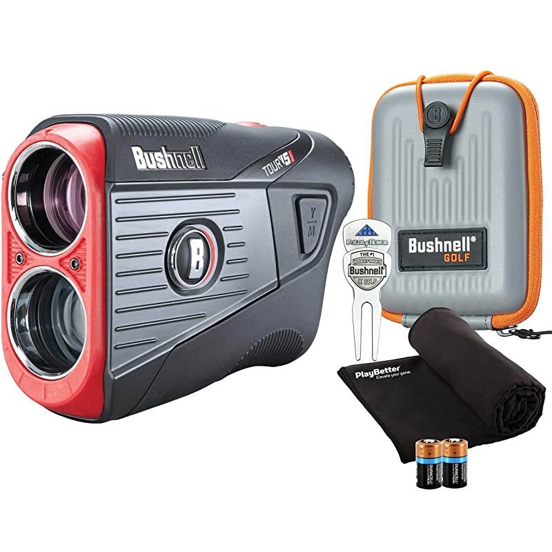 Bushnell Tour V5 (Standard) Golf Laser Rangefinder Patriot Pack  Bundle | +Carrying Case, Divot Tool,  Microfiber Towel and Two Batteries | Pinseeker Jolt, 6X Mag | 201901P