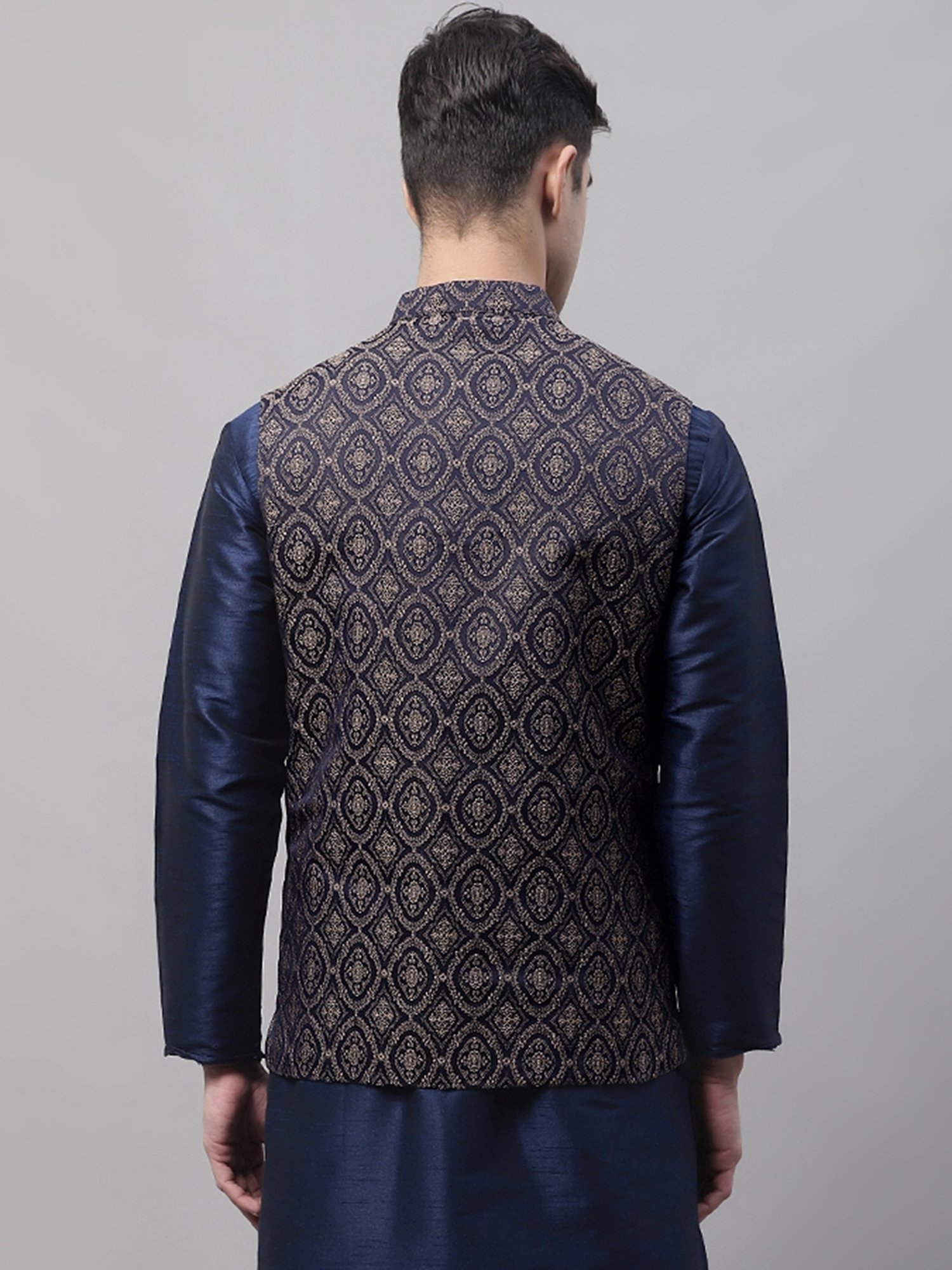 Jompers Navy Regular Fit Embroidered Nehru Jackets