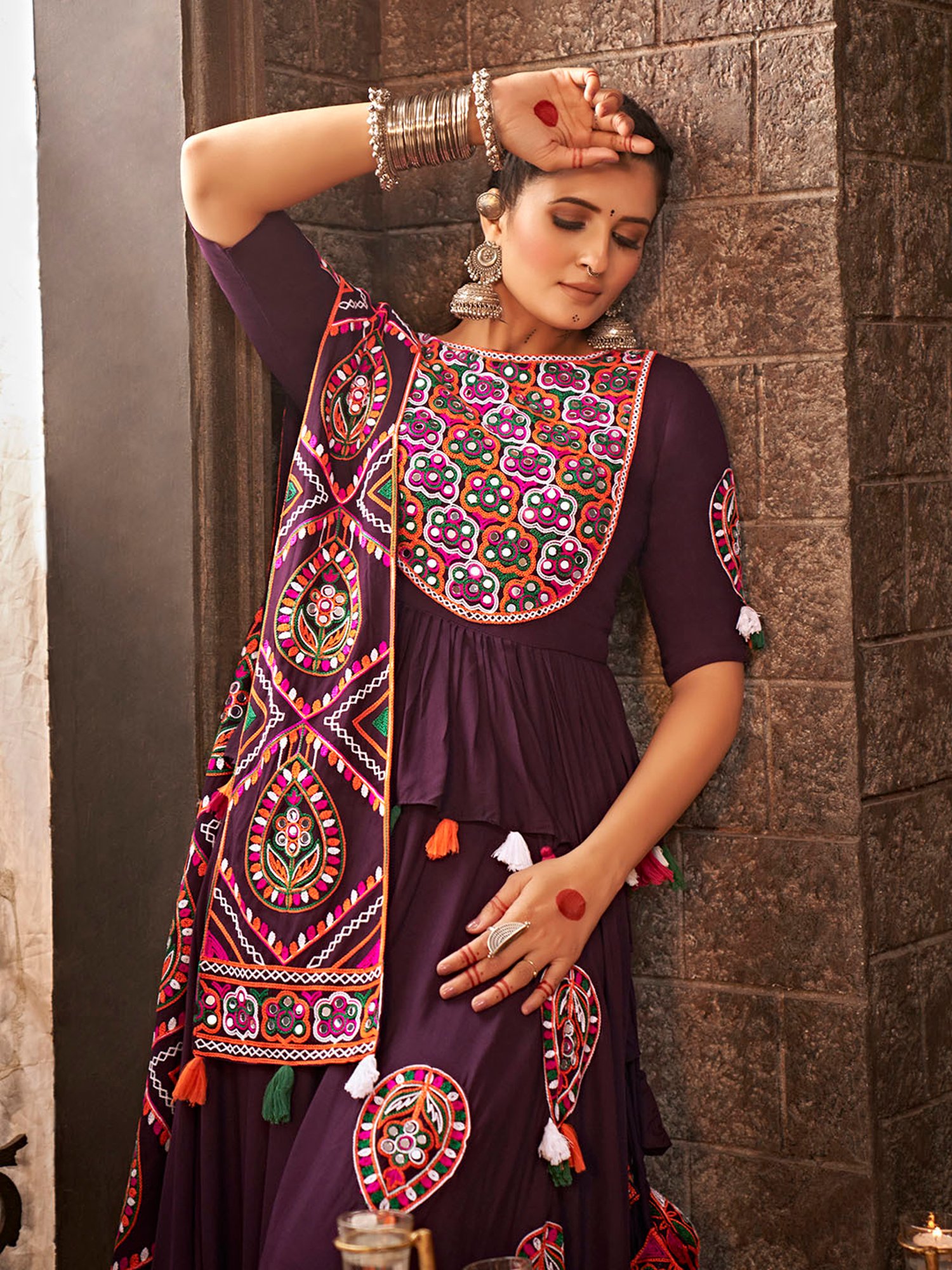 SHUBHKALA Purple Embroidered Lehenga Choli Set With Dupatta