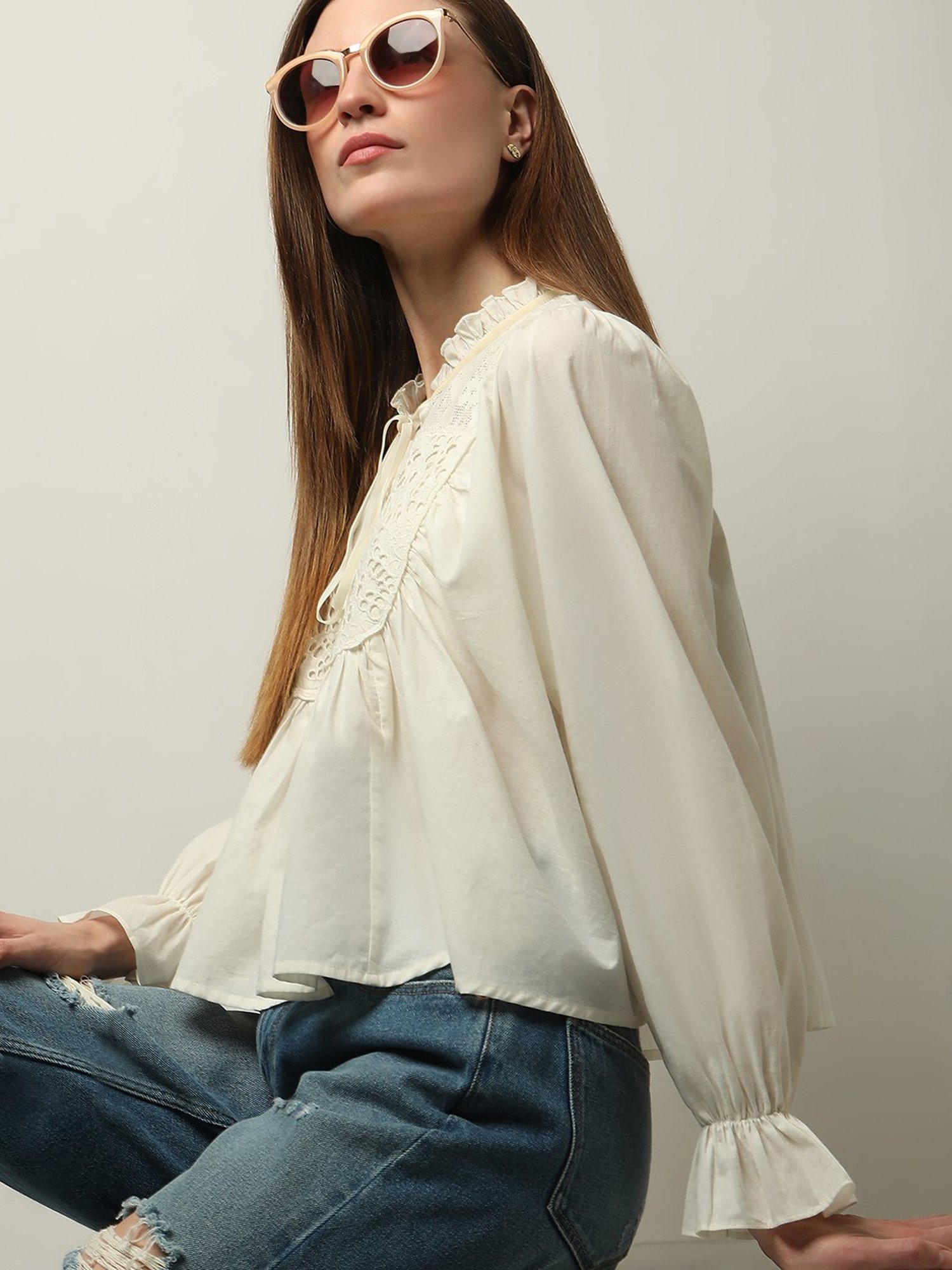 Vero Moda Off White Cotton Self Design Top
