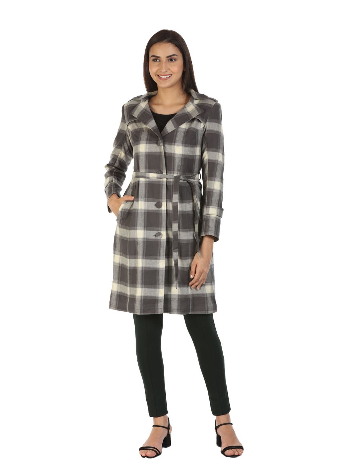 Mustard Grey Checks Trench Coat