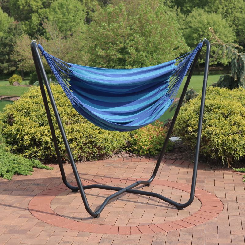 Sunnydaze Hanging Rope Hammock Chair Swing with Space-Saving Stand - 330 lb Weight Capacity - Beach Oasis
