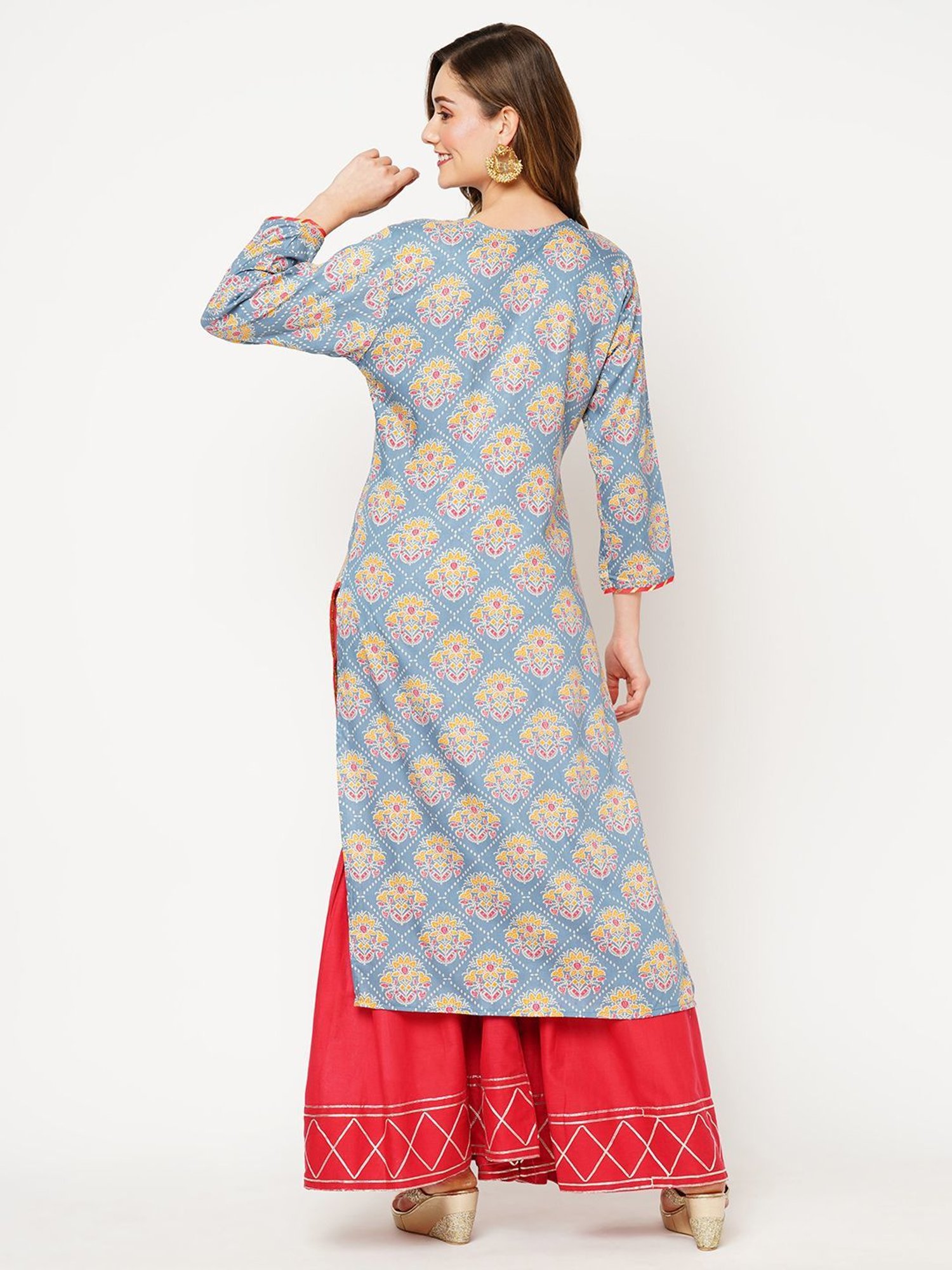 KIANA Blue & Red Printed Kurta Sharara Set