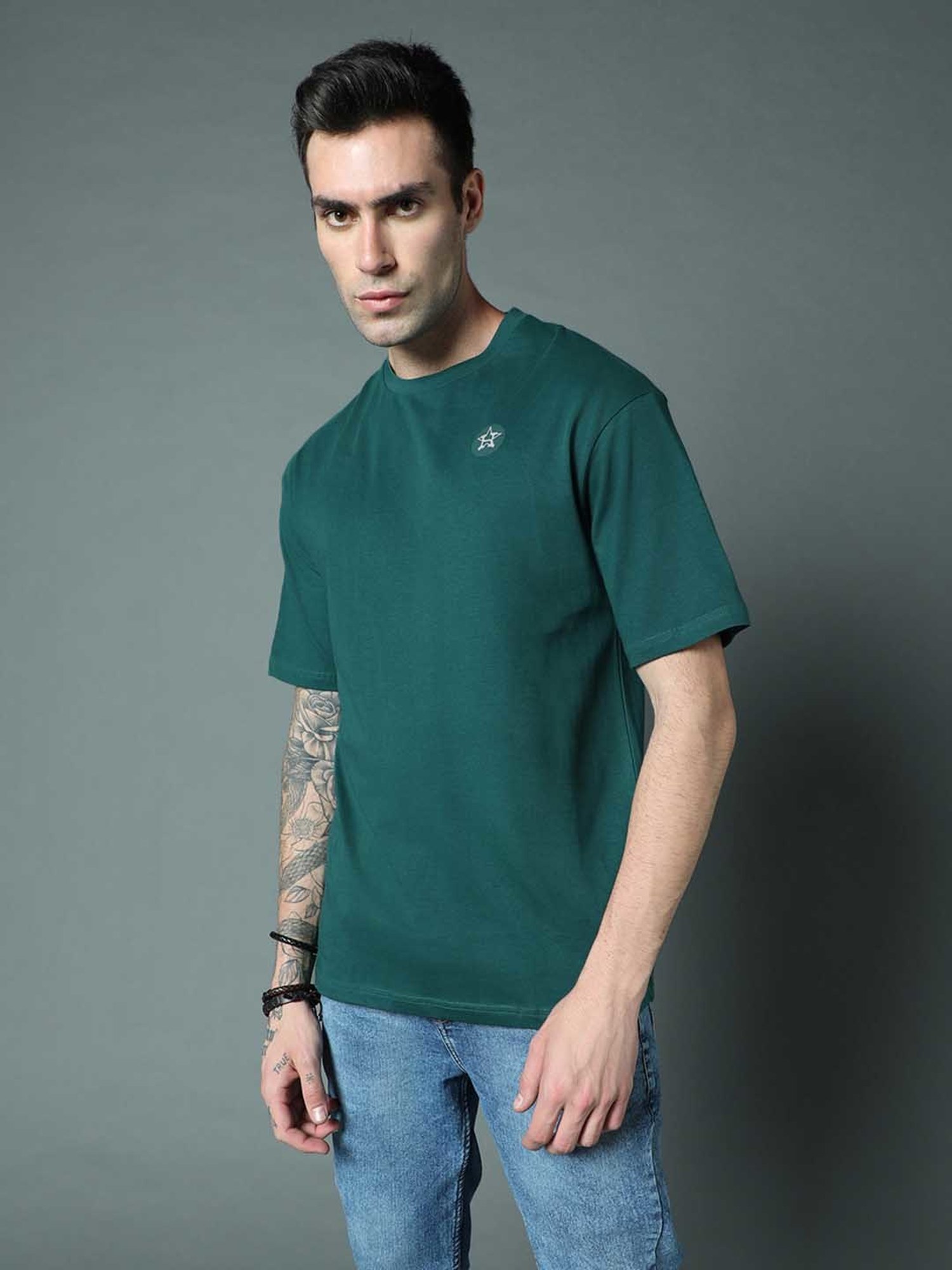 High Star Green Relaxed Fit Printed Crew T-Shirt