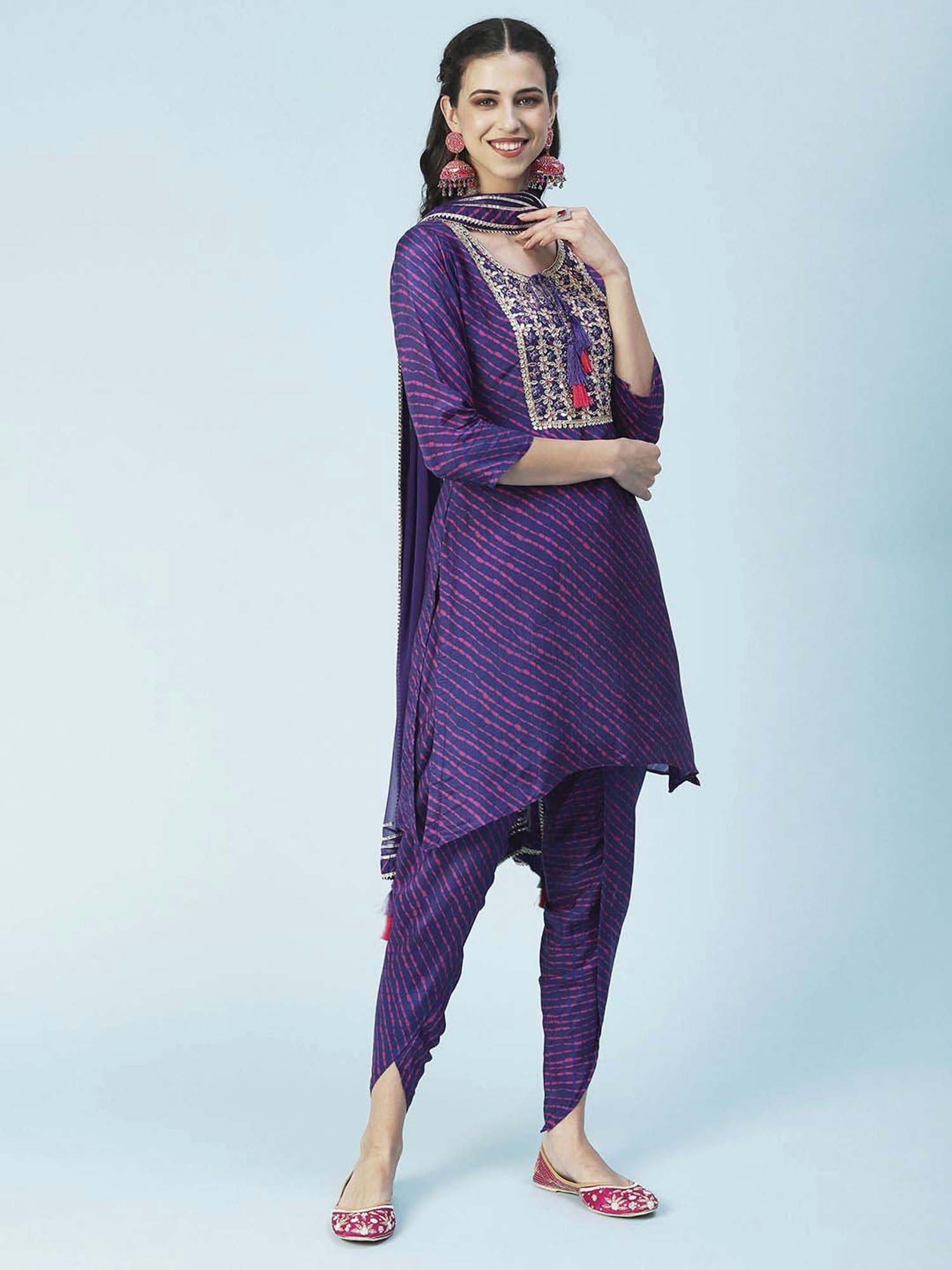 Fashor Purple Embroidered Kurti Dhoti Pant Set With Dupatta