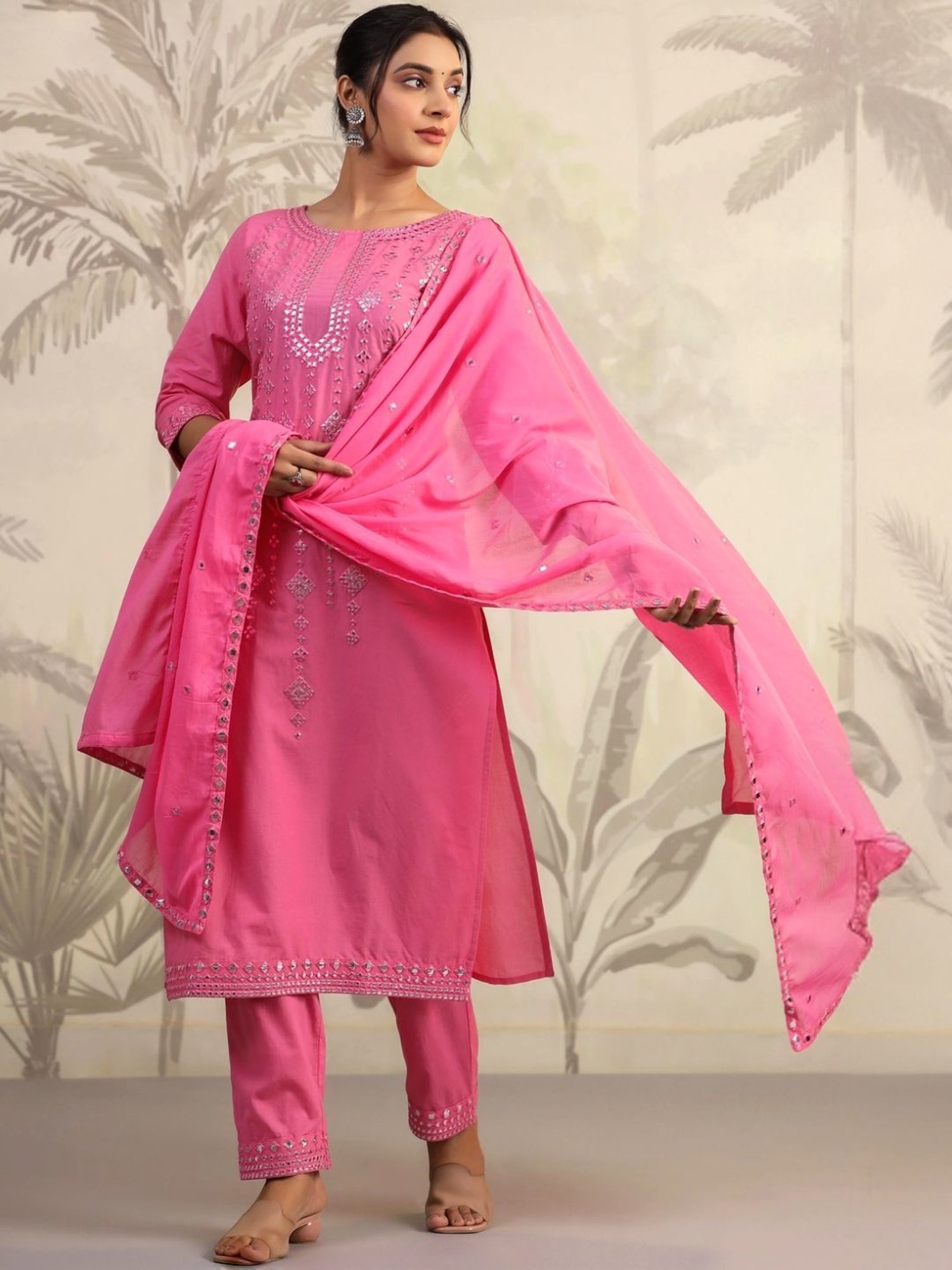 Scakhi Coral Blue Cotton Mirror Embroidered Kurta with Pant and Dupatta