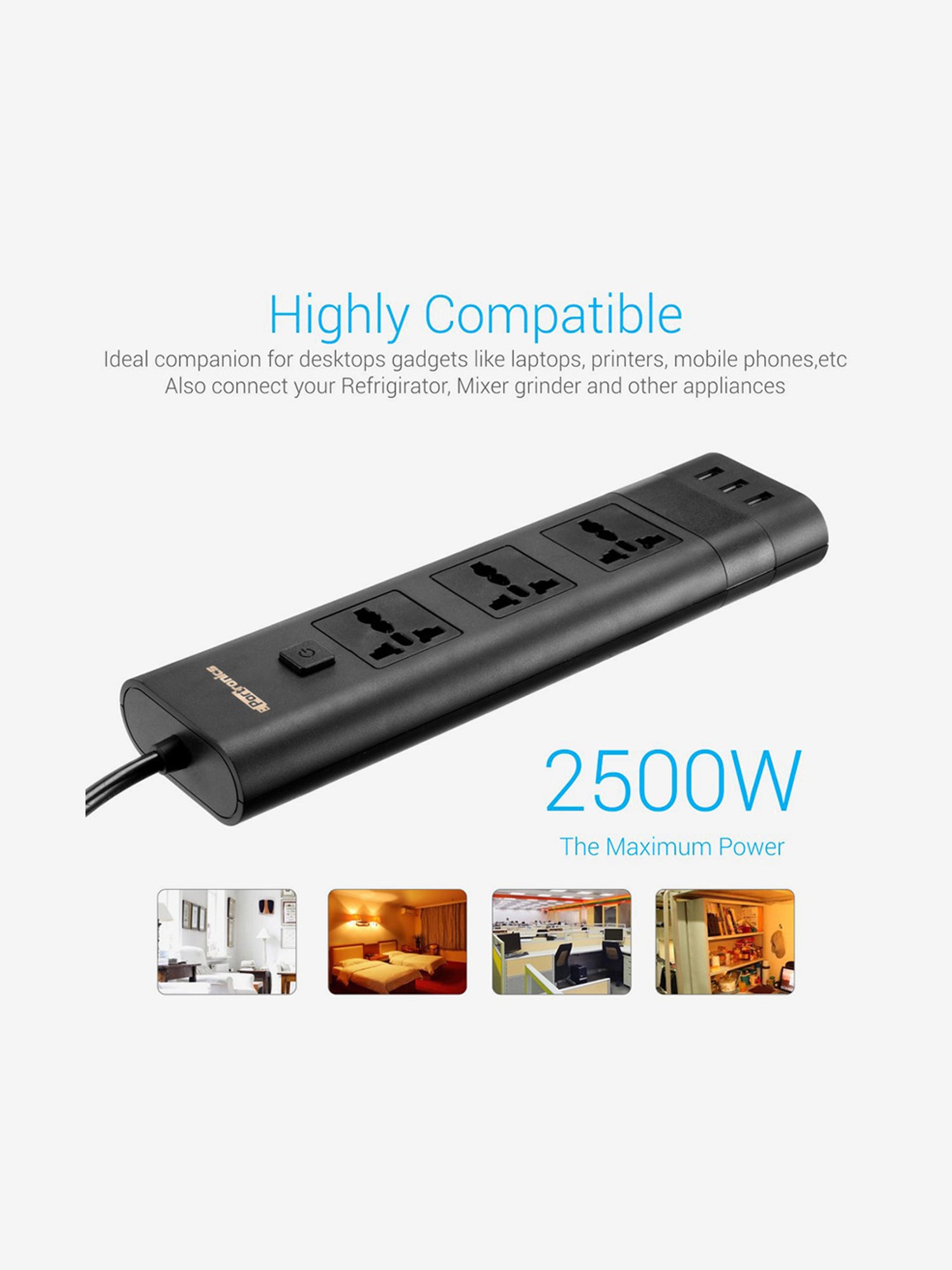 Portronics Power Plate II POR-671, 5A Electrical Universal Sockets and 3 USB Ports (Black)