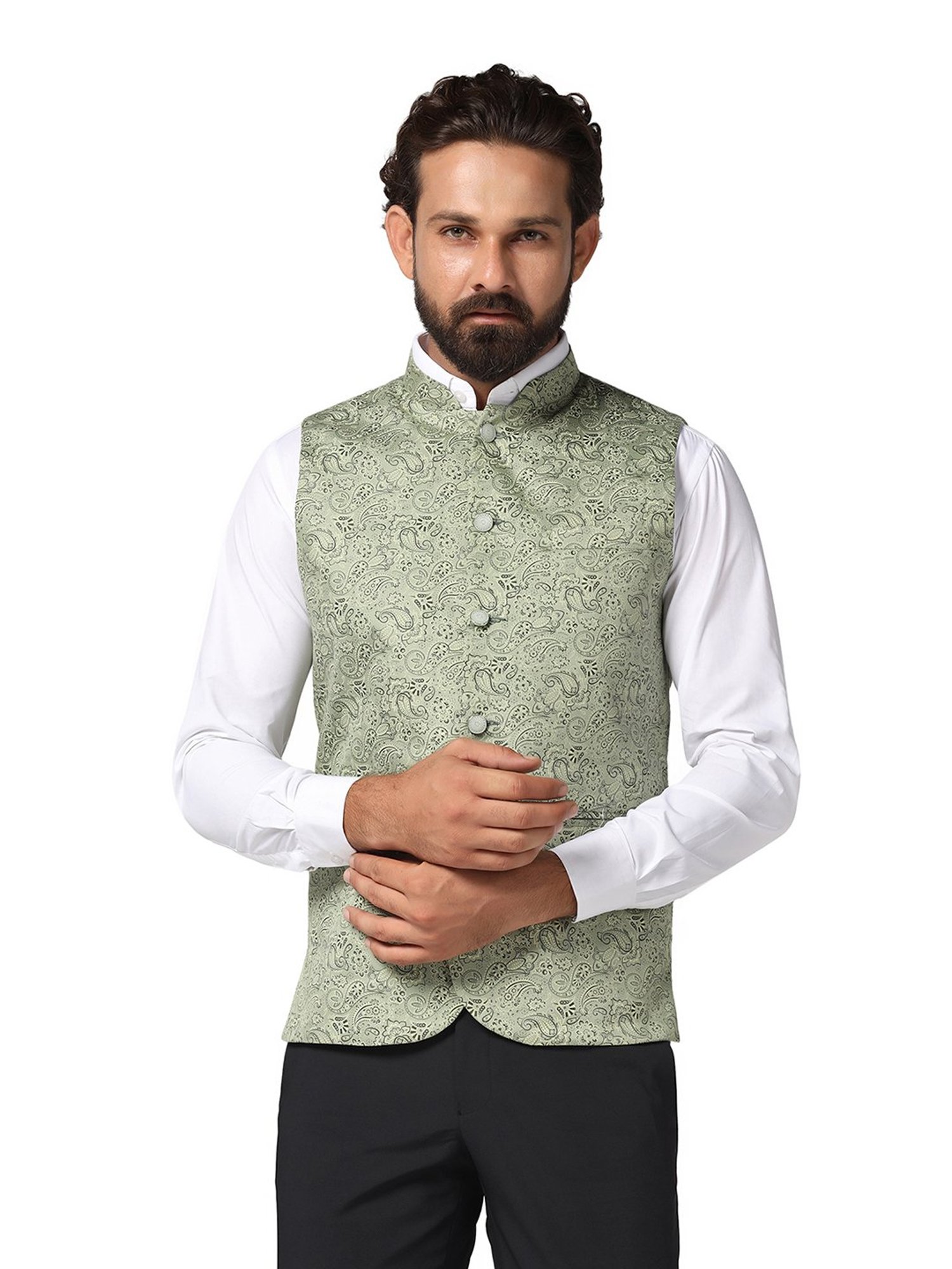 TAHVO Green Slim Fit Printed Nehru Jacket