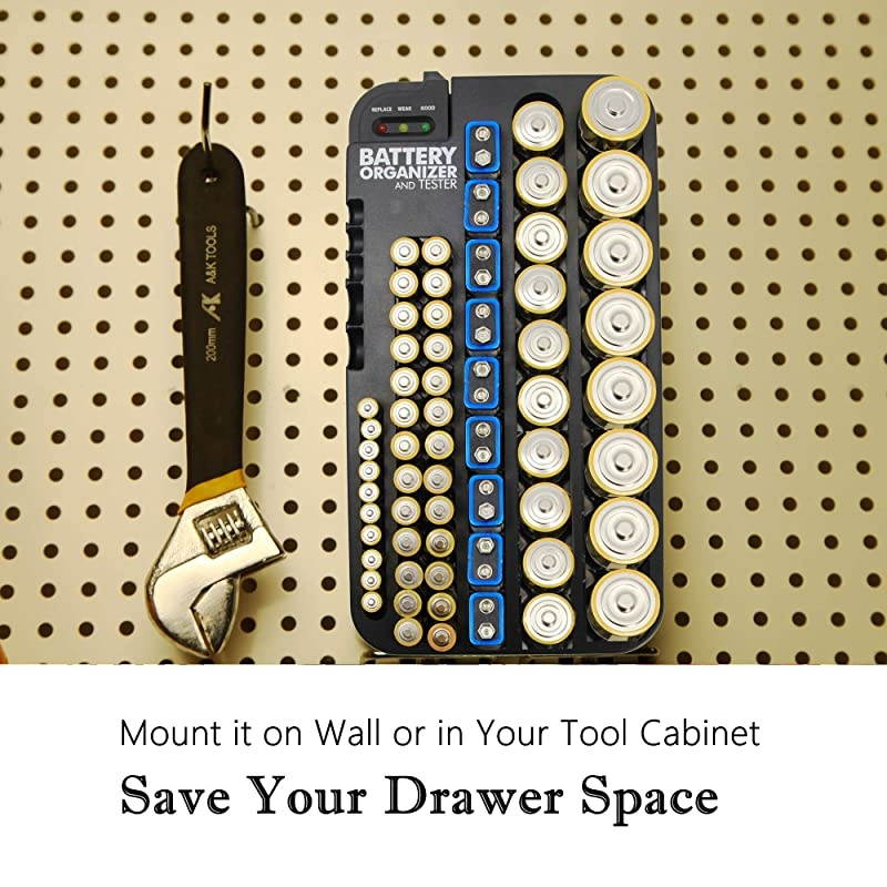 Battery Organizer Storage Case with Hinged Clear Cover, Includes a Removable Battery Tester, Holds 93 Batteries Various Sizes AA AAA C D 9V Battery Storage Case/Holder/Container
