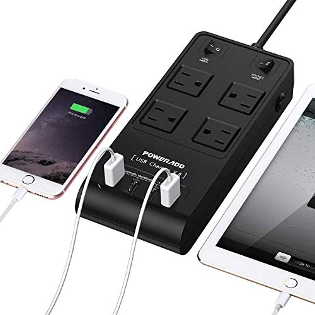 POWERADD Power Strip Surge Protector 3500J 4-Outlets 4 Fast Charging USB Ports 6ft Extension Cord with UK/AU/EU Adapter for International Travel,Home Appliance,Office,Computer,Printor,Phones