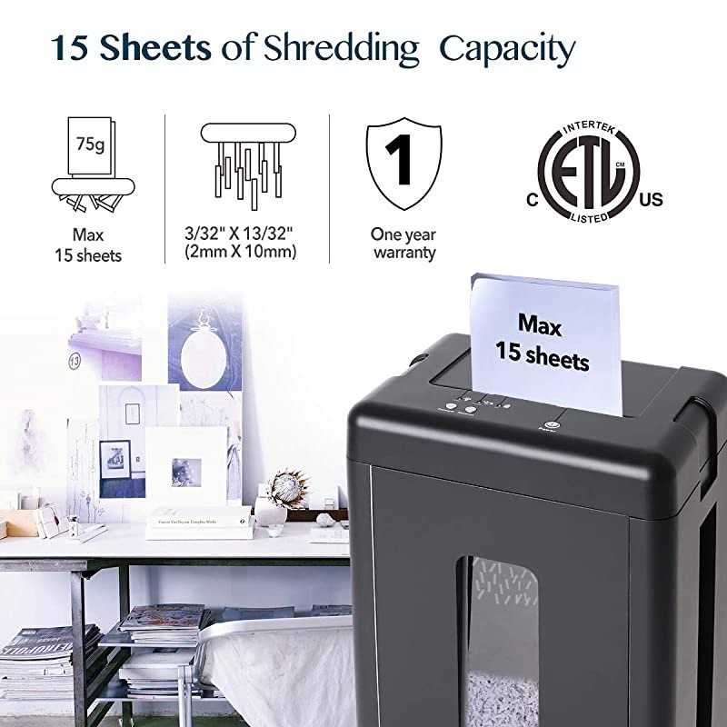 15Sheet Super Micro Cut High Security Level P5 Heavy Duty PaperCDCard Shredder for Home Office Ultra Quiet by ManganeseSteel Cutter and 8 Gallons Pullout Waste Bin SD9520 Black ETL
