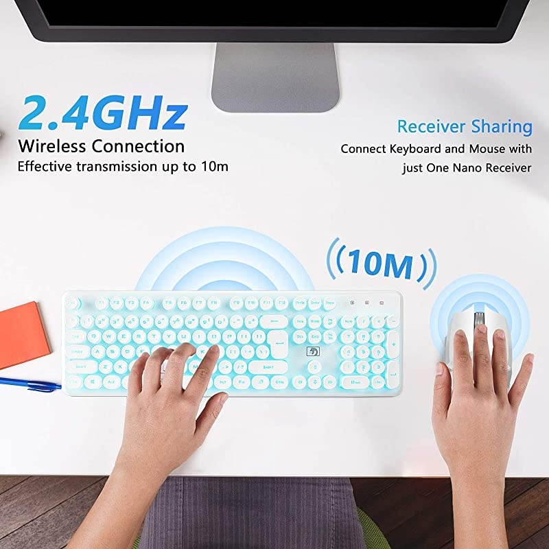Keyboard and Mouse Combo Suspended Keycap Mechanical Feel Backlit 2.4G Wireless Gaming Keyboard & Mouse Adjustable Breathing Lamp for Laptop Computer and Mac (White Punk/Blue Light)