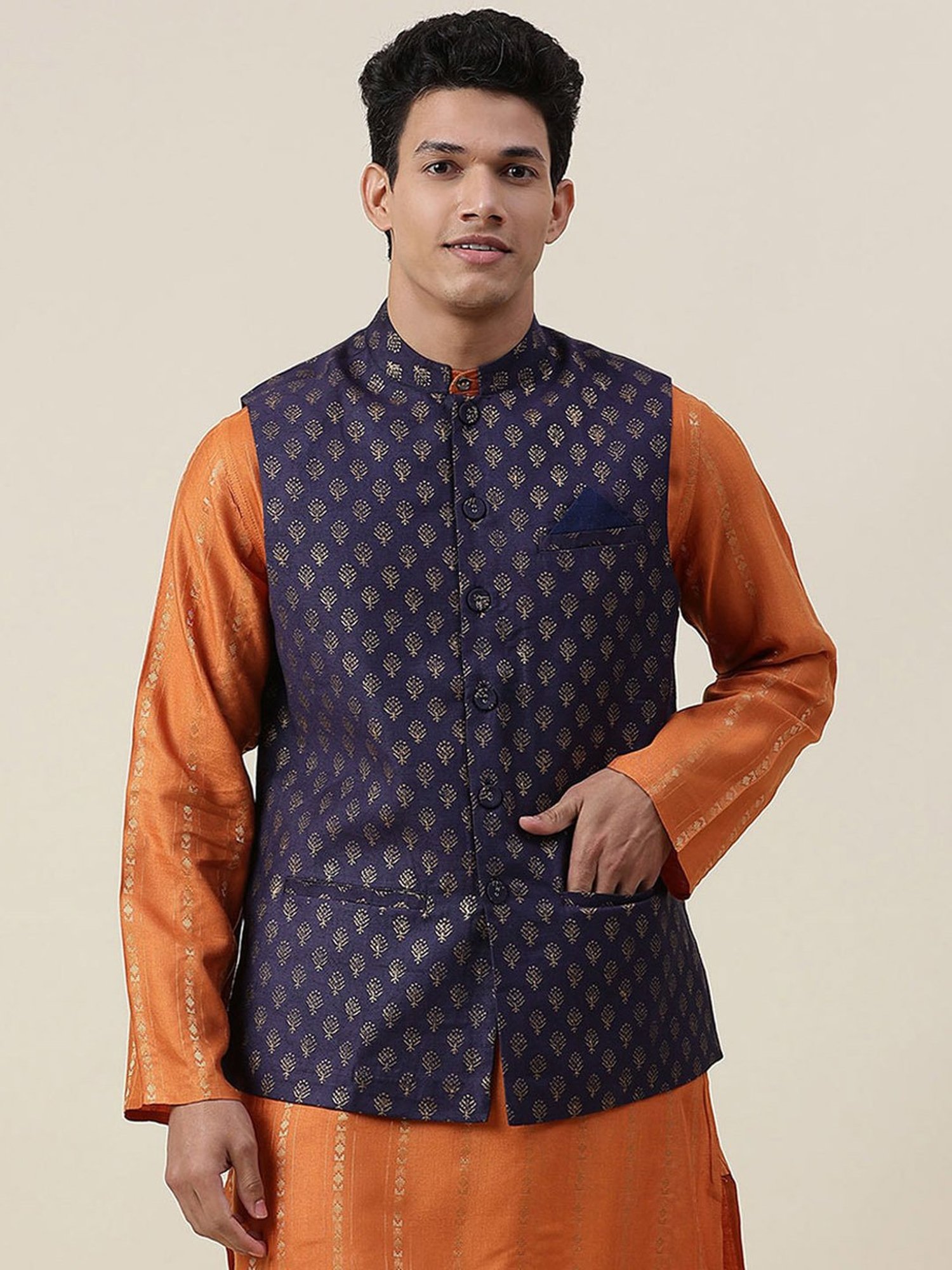 Fabindia Navy Regular Fit Printed Nehru Jacket