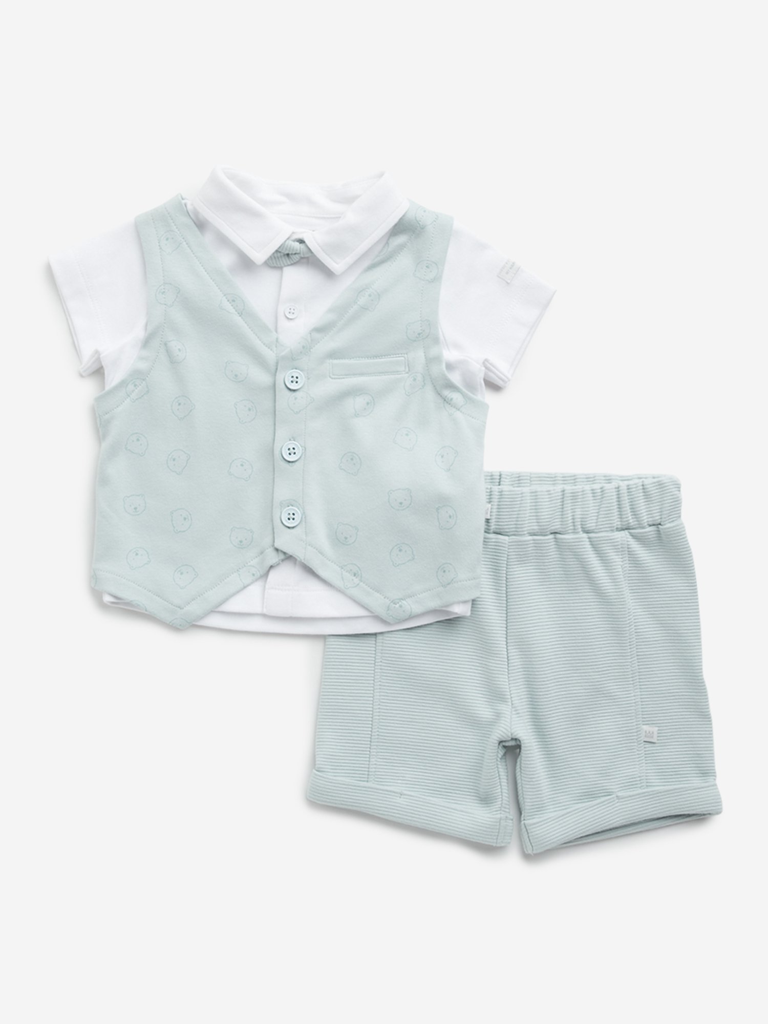 HOP Baby by Westside Teal Printed Cotton Waistcoat, Shirt, Shorts & Bow