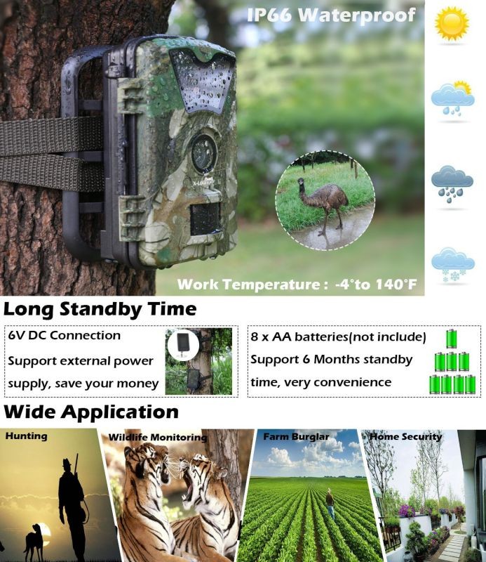 Game Trail Camera 1080P 12MP with Sound Scouting Camera with 2.4in LCD Screen No Glow Black Infrared Night Vision 0.5s Trigger Speed IP66 Waterproof for Wildlife Hunting Monitoring Security