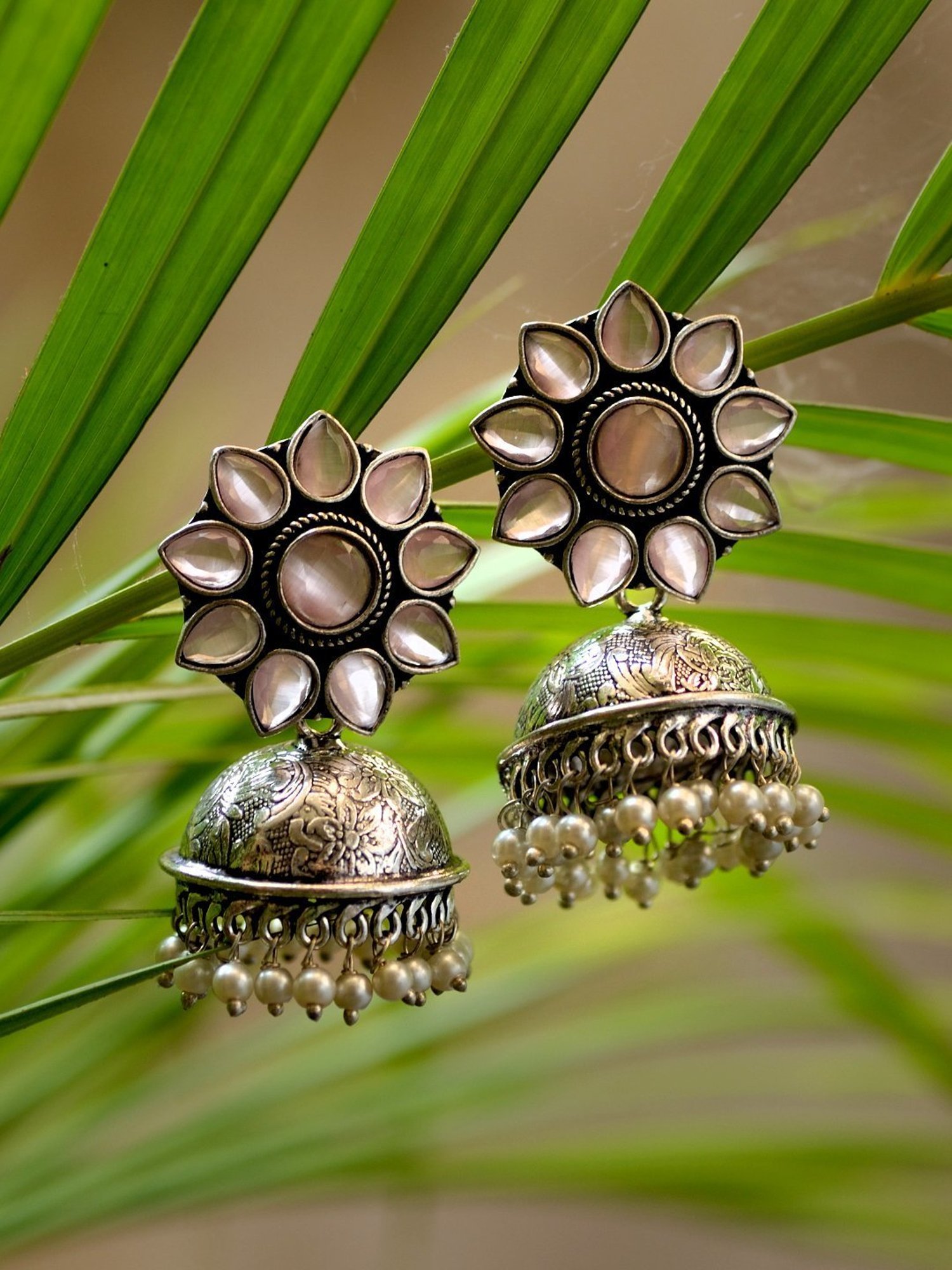 Saraf RS Jewellery Oxidised Pink AD Studded Jhumka Earring