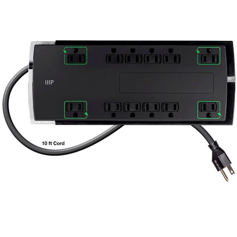Monoprice 12 Outlet Slim Surge Protector Power Strip - 10 Feet - Black | Heavy Duty Cord | UL Rated, 4,230 Joules With Grounded And Protected Light