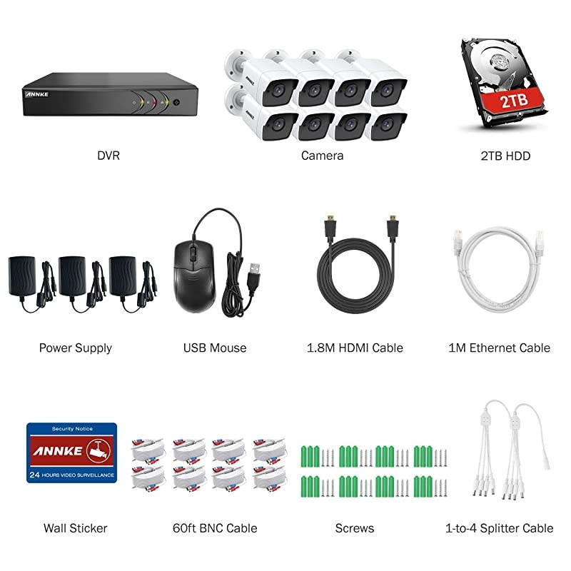 8CH 8 Camera Security System H.265+ DVR Recorder with 2TB HDD and 8X 5MP(2560TVL) IP67 Weatherproof Outdoor CCTV Bullet Cameras, 100ft Night Vision, Easy Remote Access and Email Alert-S500
