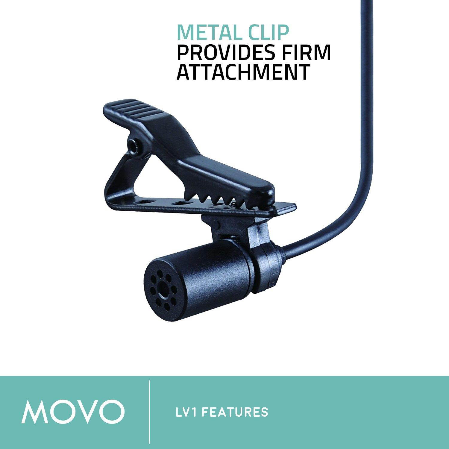 Movo LV1 Lavalier Lapel Clip-on Omnidirectional Condenser Microphone for Cameras, Camcorders & Smartphones (Including Apple iPhone, iPad, Samsung Galaxy & Note, etc)