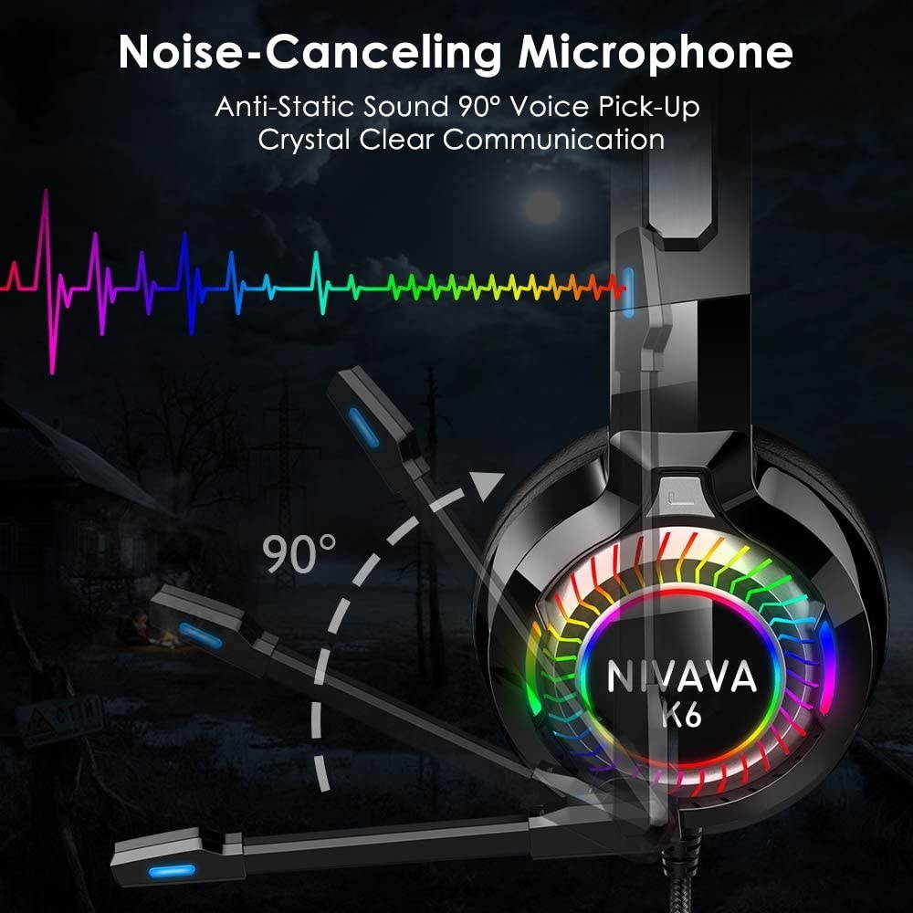 Nivava Gaming Headset for PS4, Xbox One, PC Headphones with Microphone LED Light Mic for Nintendo Switch PS5 Playstation Computer, K6