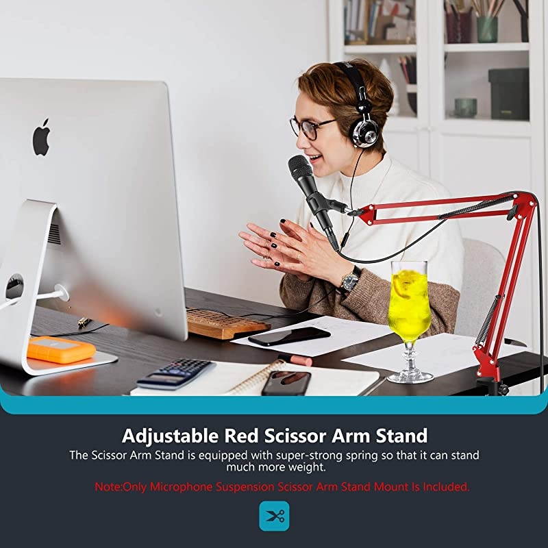 Adjustable Microphone Suspension Boom Scissor Arm Stand Max Load 1 KG Compact Mic Stand for Radio Broadcasting Studio VoiceOver Sound Studio Stages and TV StationsRed